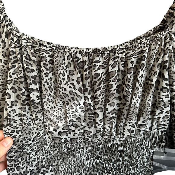 NWT HYFVE Leopard Print Puff Sleeve Smocked Ruffle Peplum Hem Blouse - Picture 3 of 12